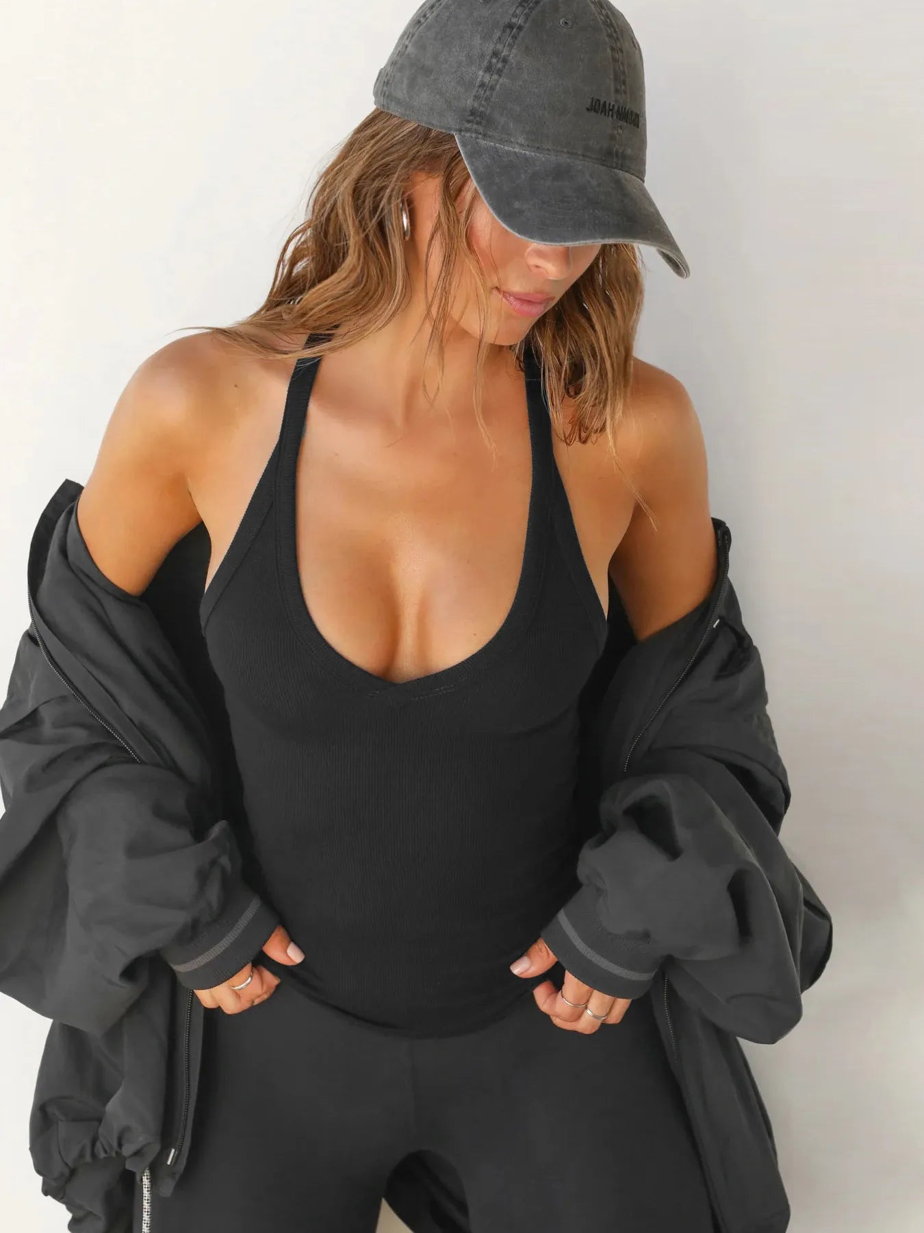 Ribbed V-Neck Halter Tank Top - kinko