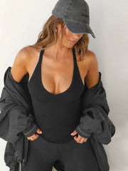 Ribbed V-Neck Halter Tank Top - kinko