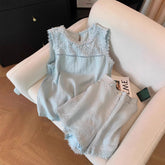 Lace Stitching Sleeveless Cotton And Linen Suit Women - kinko