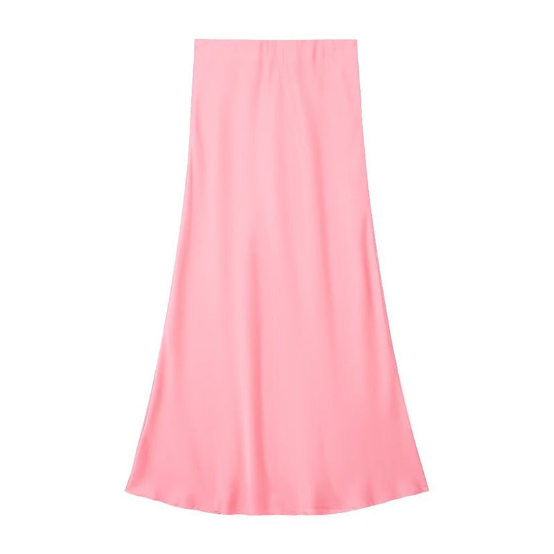 Solid Color Slim Silk Satin Texture Midi Skirt - kinko