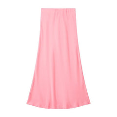 Solid Color Slim Silk Satin Texture Midi Skirt - kinko