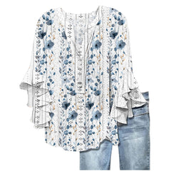 Printed Casual Trend V-neck Flounce Sleeve T-shirt - kinko