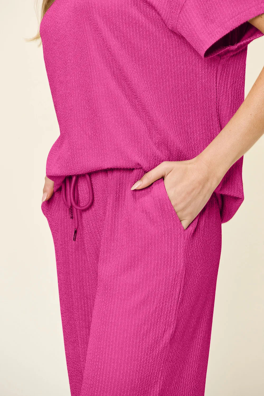 Double Take Full Size Texture Round Neck Short Sleeve T-Shirt and Wide Leg Pants - kinko