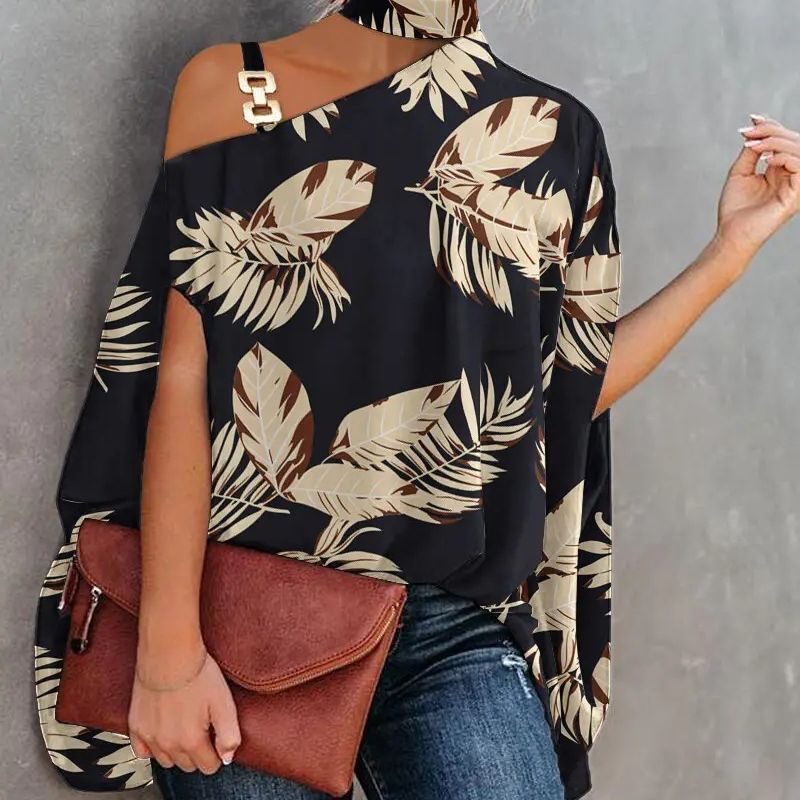 Wear Halter Shawl Printed Elegant Short Sleeve Bat Shirt - kinko