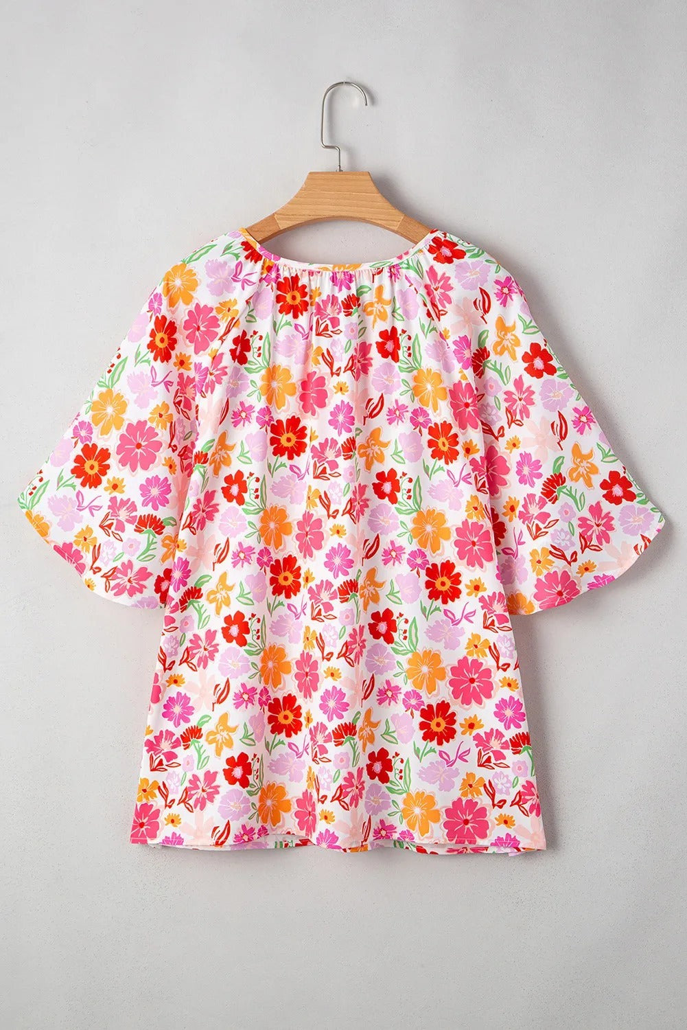 White Floral Split V Neck Wide Short Sleeve Plus Size Blouse Top - kinko