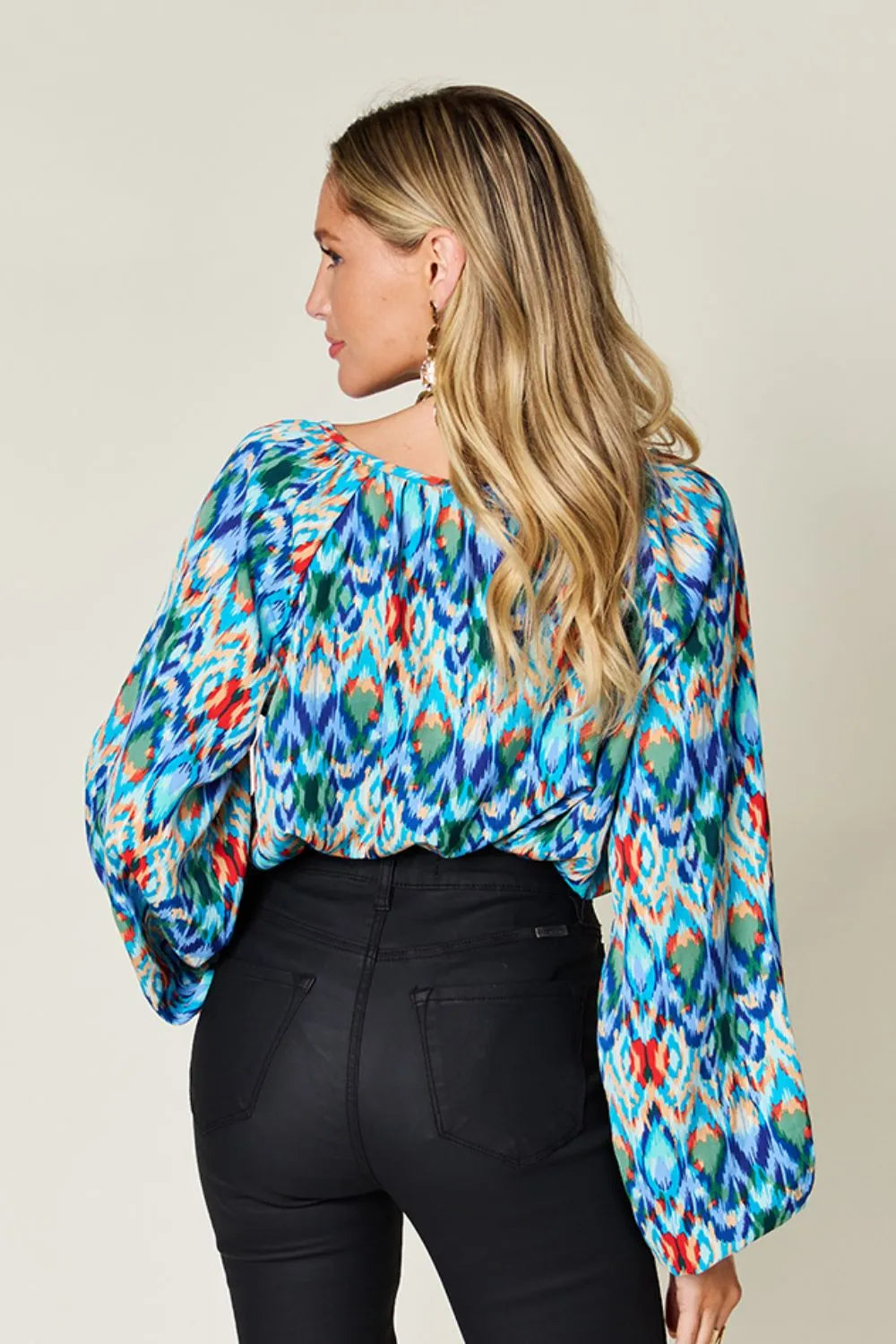 Double Take Full Size Printed Balloon Sleeve Blouse - kinko