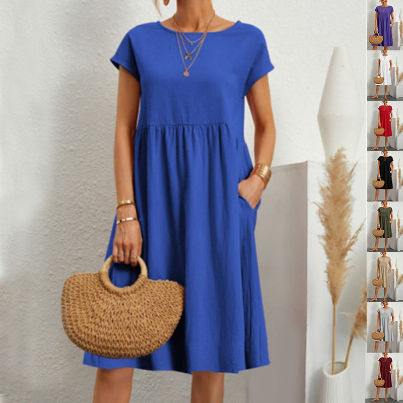 Summer Short-sleeved Dress With Pockets Fashion Solid Round Neck A-line Dresses For Women Clothing - kinko