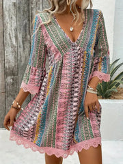 Lace Trim Printed V-Neck 3/4 Sleeve Dress - kinko