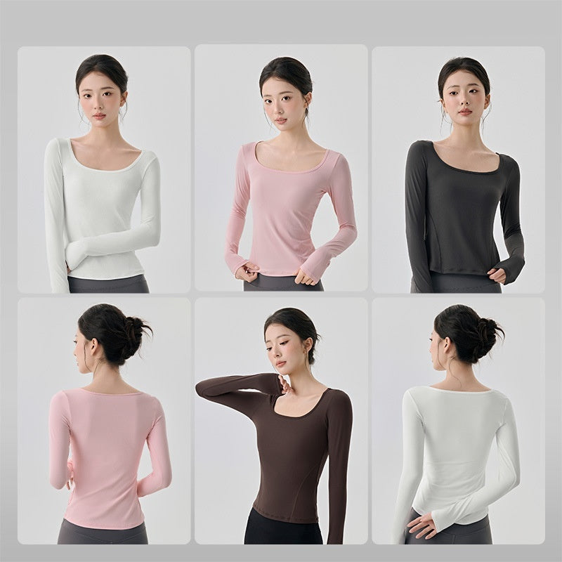 Nude Feel High Elastic Long Sleeve Yoga Wear Top Slim Fit Slim And Sexy Big Neckline - kinko