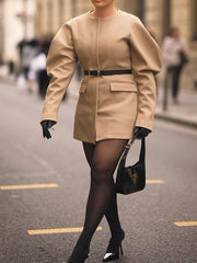 Leg Of Mutton Sleeve Crew Neck Blazer - kinko