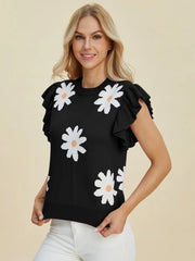 Double Take Full Size Ruffled Flower Round Neck Cap Sleeve Sweater - kinko