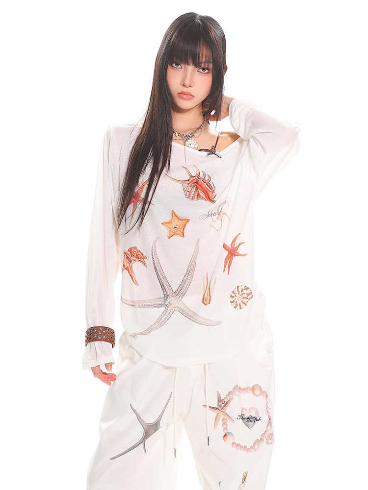 Diagonal Collar Long Sleeve T-shirt Printed See-through Loose Blouse - kinko