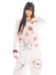 Diagonal Collar Long Sleeve T-shirt Printed See-through Loose Blouse - kinko