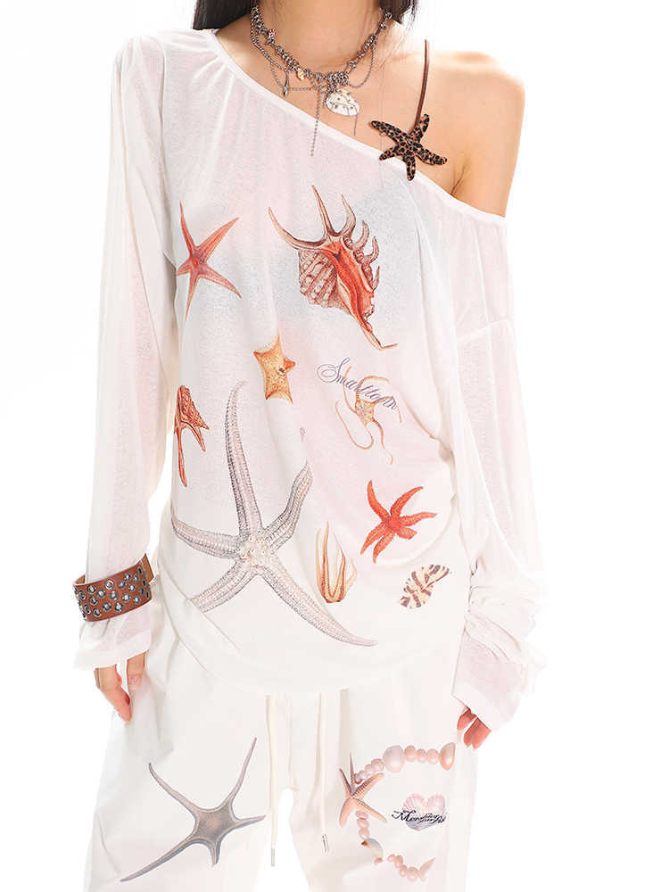 Diagonal Collar Long Sleeve T-shirt Printed See-through Loose Blouse - kinko