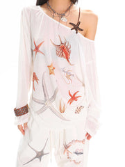 Diagonal Collar Long Sleeve T-shirt Printed See-through Loose Blouse - kinko