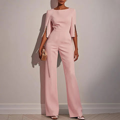 Women's Elegant Round Neck Jumpsuit - Mid-Sleeve With Side Slit Cuffs & Pearl Accents, Back Zipper Design For Casual To Formal Events - kinko