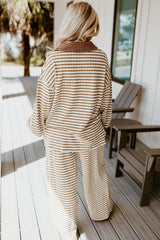 Khaki Stripe Collared Pullover Top And Drawstring Pant Set - kinko