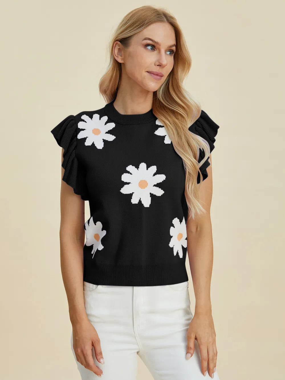 Double Take Full Size Ruffled Flower Round Neck Cap Sleeve Sweater - kinko