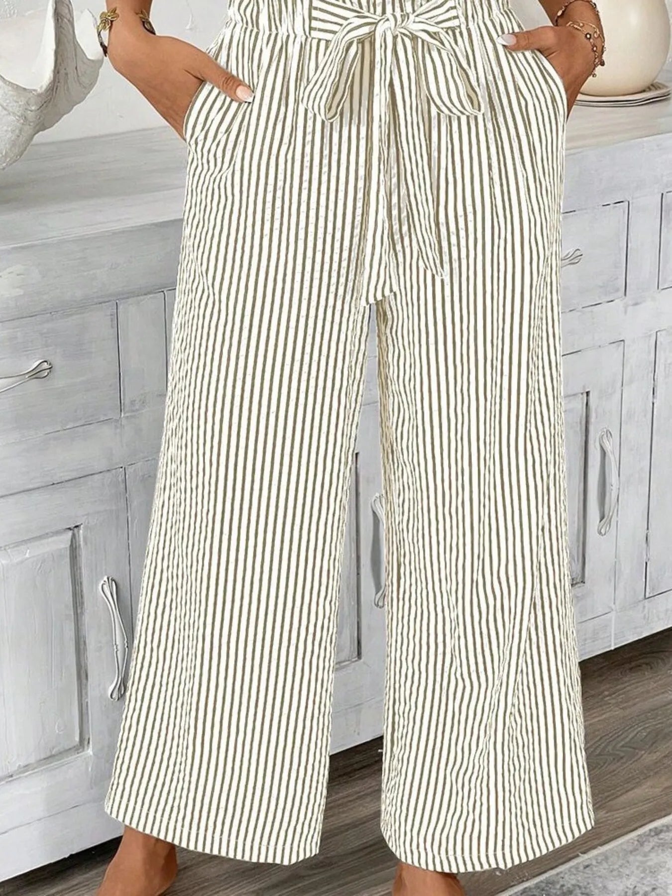 Full Size Striped Wide Leg Paper Bag Pants Plus Size - kinko