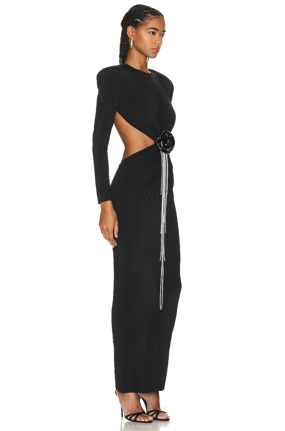 Sexy Backless Black Long Sleeve Hollow Flower Tassel Decoration Dress - kinko