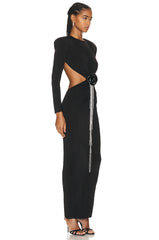 Sexy Backless Black Long Sleeve Hollow Flower Tassel Decoration Dress - kinko