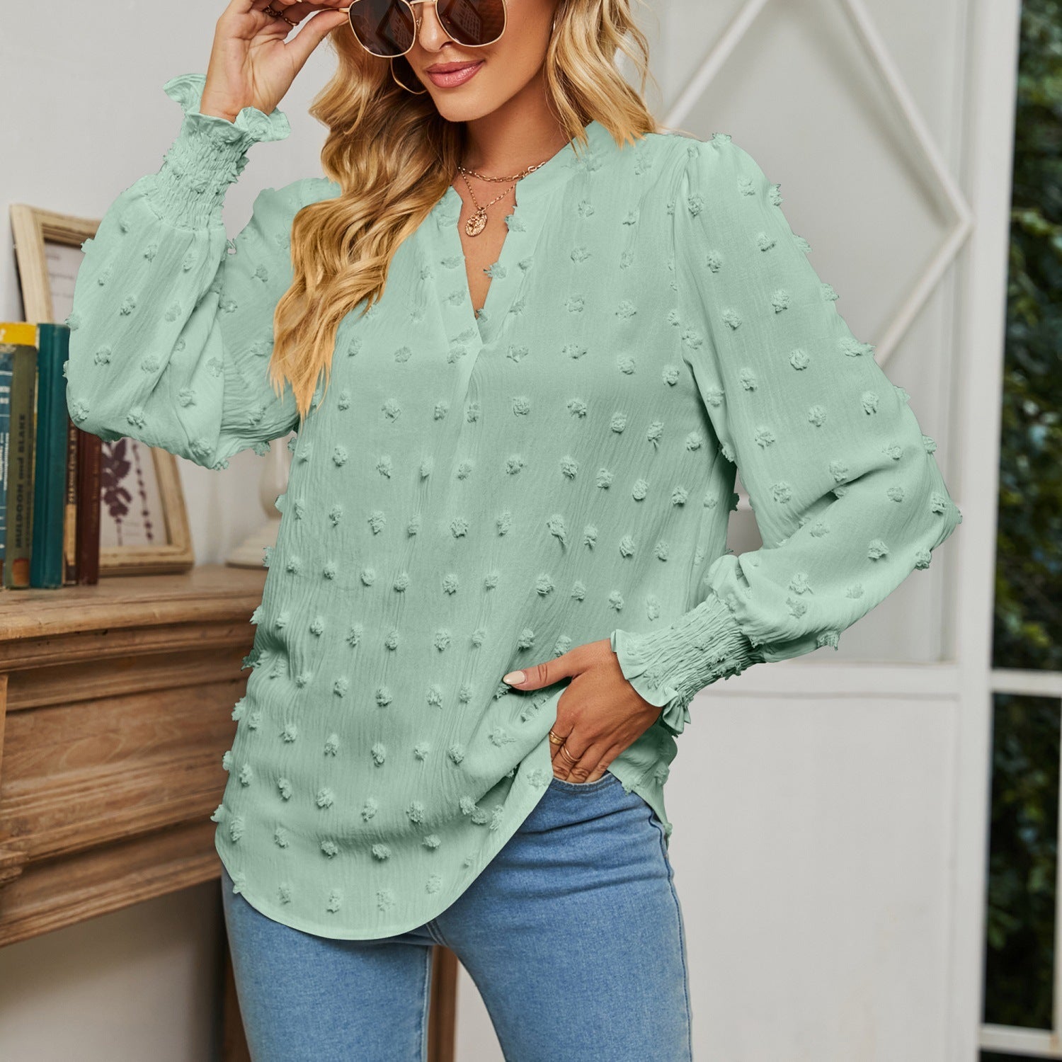Dot Long-sleeved Bubble Sleeve V-neck Shirt Top - kinko
