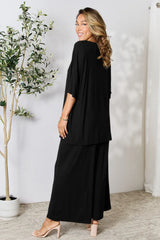Double Take Full Size Round Neck Slit Top and Pants Set - kinko