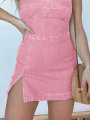 Full Size Slit Square Neck Denim Dress Plus Size - kinko