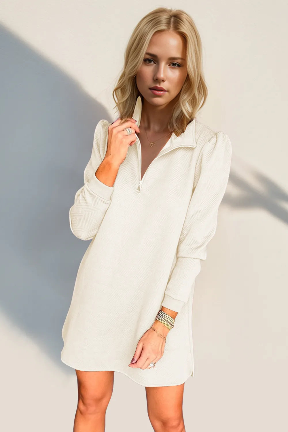 Double Take Textured Quarter Zip Long Sleeve Dress - kinko