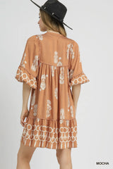 Umgee Boarder Print Tassel Tie Neck Mini Dress - kinko