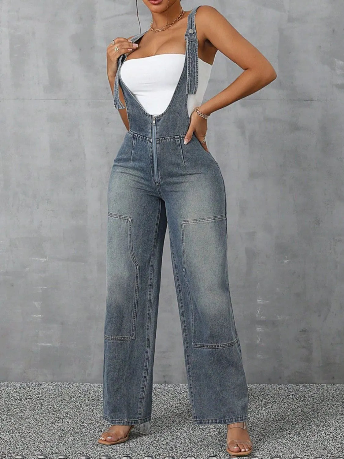 Zip Front Wide Strap Denim Overalls - kinko