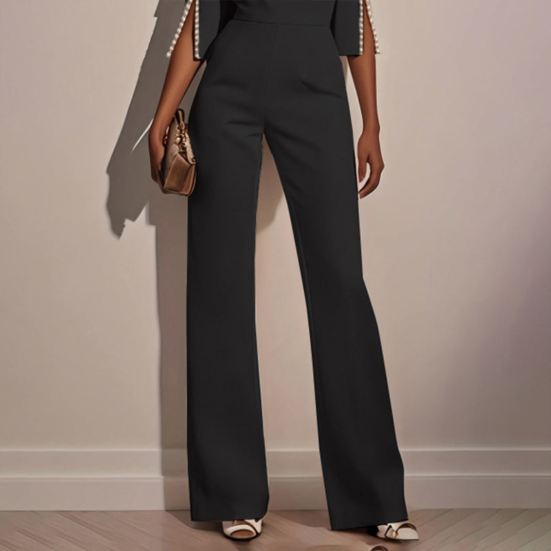 Women's Elegant Round Neck Jumpsuit - Mid-Sleeve With Side Slit Cuffs & Pearl Accents, Back Zipper Design For Casual To Formal Events - kinko