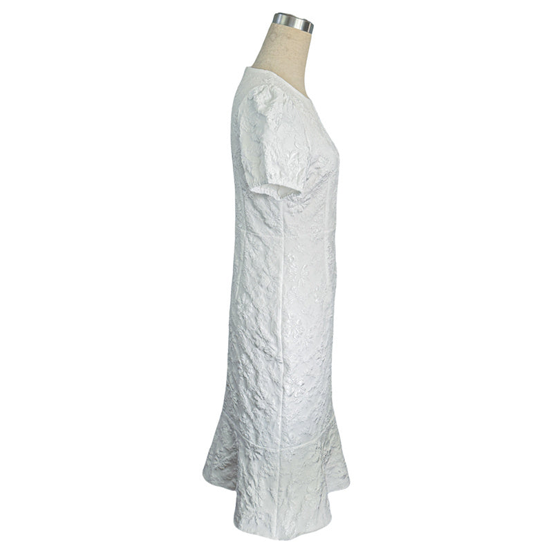 Women's Floral Jacquard Dress Women's Short Puff Sleeve Crew Neck Ruffle Hem Bodycon Dresses - kinko