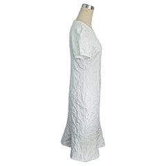 Women's Floral Jacquard Dress Women's Short Puff Sleeve Crew Neck Ruffle Hem Bodycon Dresses - kinko