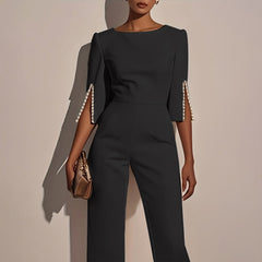 Women's Elegant Round Neck Jumpsuit - Mid-Sleeve With Side Slit Cuffs & Pearl Accents, Back Zipper Design For Casual To Formal Events - kinko