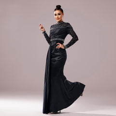 Long Sleeve Slim-fit Sheath Pearl Banquet Fishtail Evening Dress - kinko