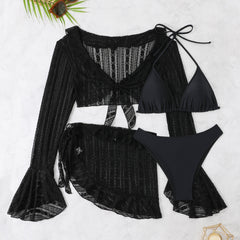Lace Long Sleeve Cardigan Lace Ruffled Bikini Four-piece Suit Swimsuit - kinko