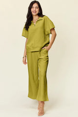 Double Take Full Size Texture Half Zip Short Sleeve Top and Pants Set - kinko