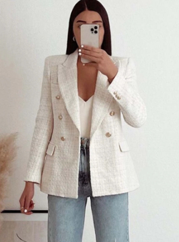 Urban Casual Women Textured Double Breasted Blazer - kinko