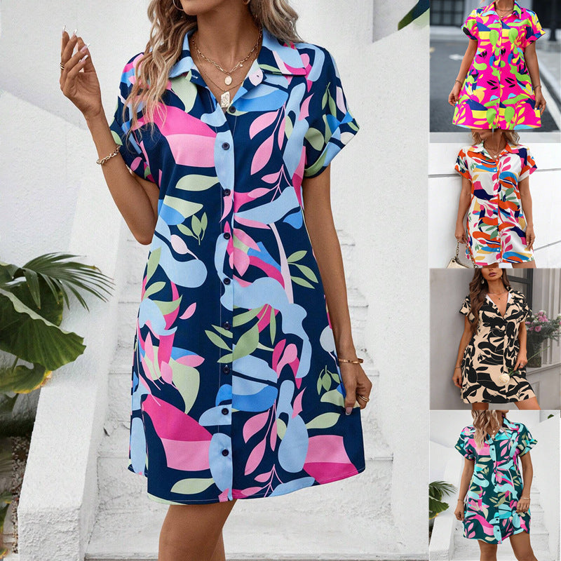 New Floral Print Short Sleeve Shirt Dress Summer Fashion Lapel Loose A-line Dresses For Womens Clothing - kinko