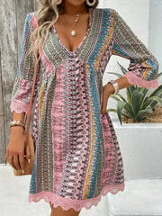 Lace Trim Printed V-Neck 3/4 Sleeve Dress - kinko