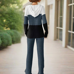 Women's Contracted Design Color-Block Hooded Sweatsuit Set - Long Sleeve Zip-Up Hoodie With Wide-Leg Lounge Pants - kinko