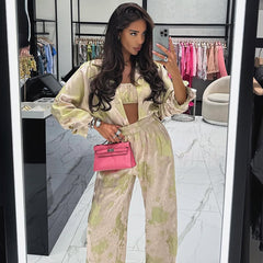 Lapel Long Sleeve Shirt Tube Top Wide Leg Pants Three-piece Set - kinko