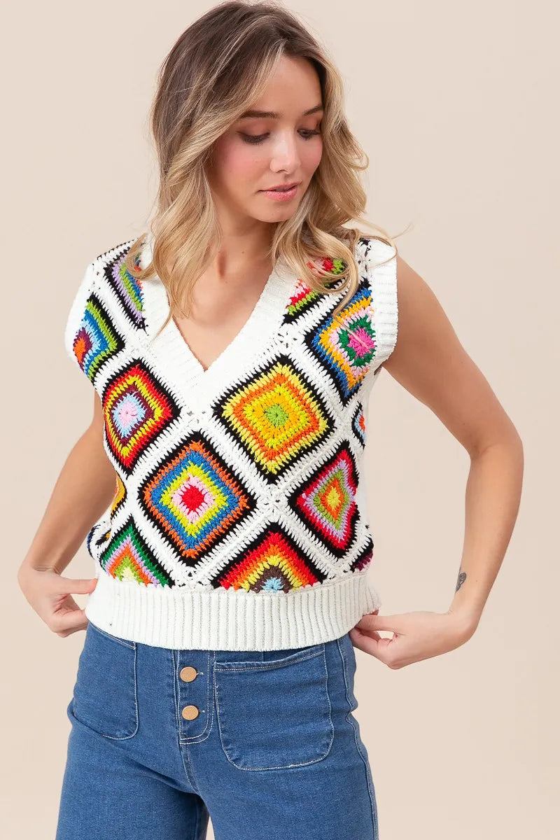 BiBi Diamond Granny Square Sweater Vest - kinko