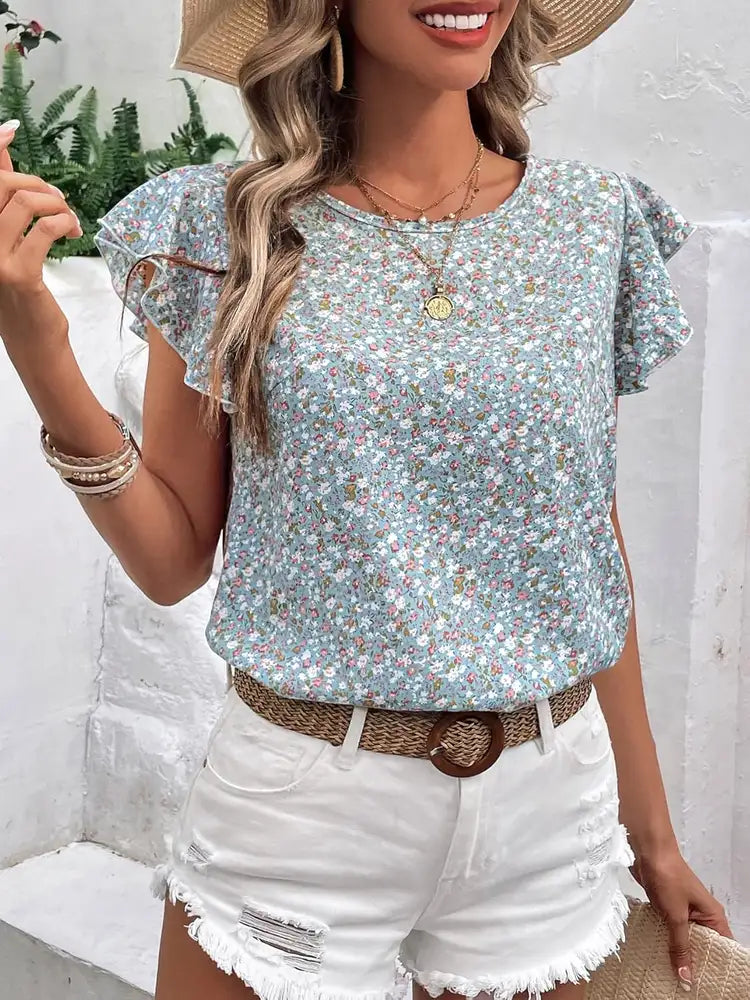 Ditsy Floral Round Neck Cap Sleeve Top - kinko