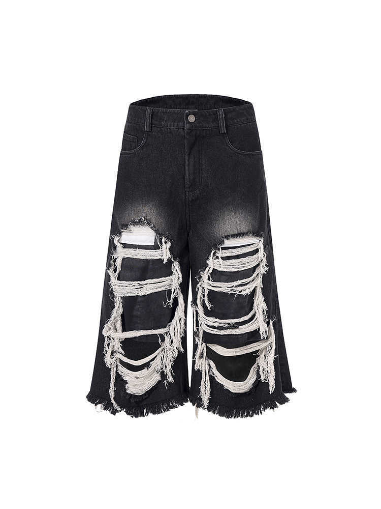 Cropped Make Old Ripped Patch Middle Pants - kinko