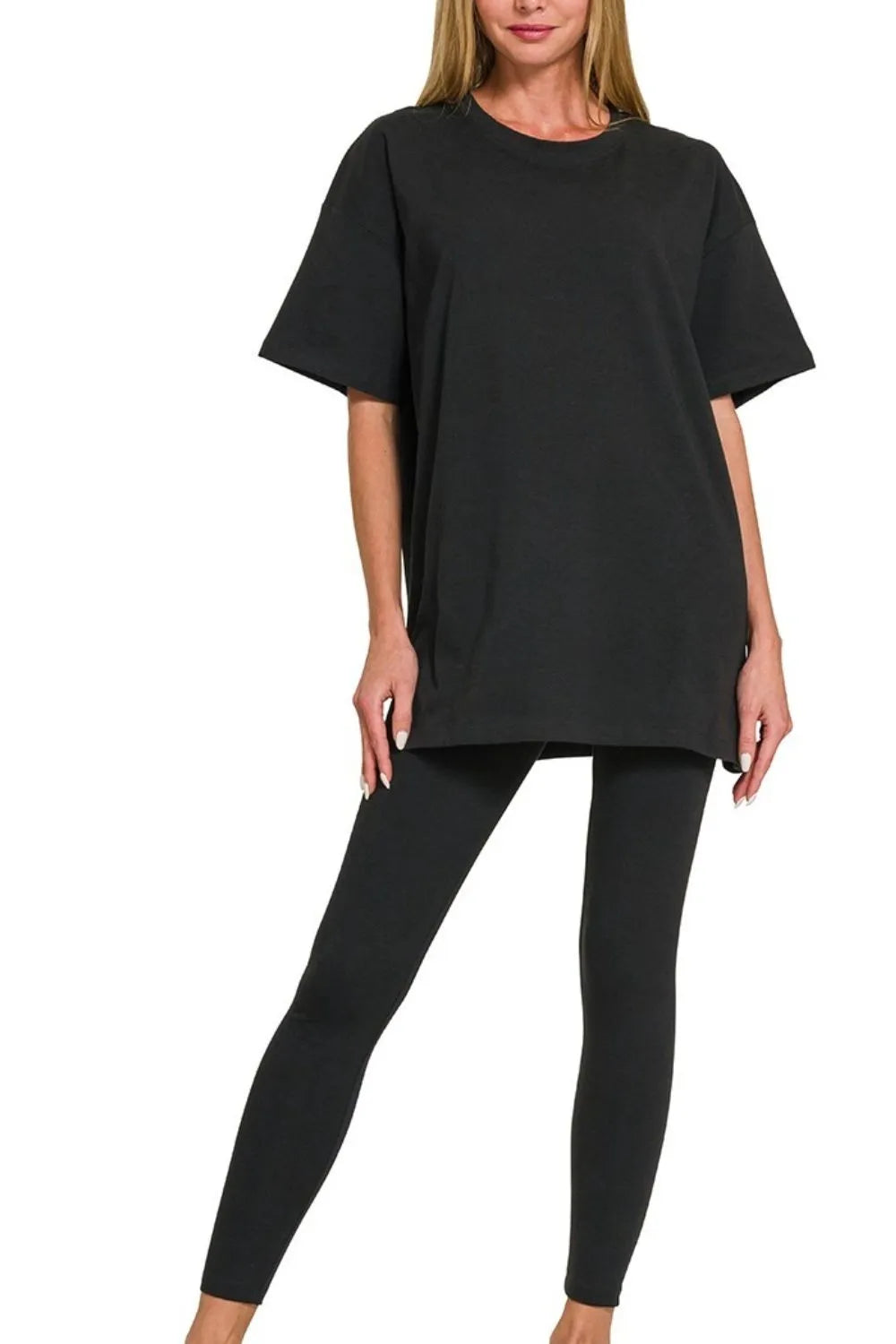 Zenana Cotton Round Neck Top & Legging Set - kinko