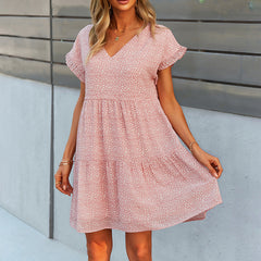 Flowers Print Short-sleeved Dress Summer Loose Chiffon A-line Dresses Fashion Casual Holiday Beach Dress For Womens Clothing - kinko