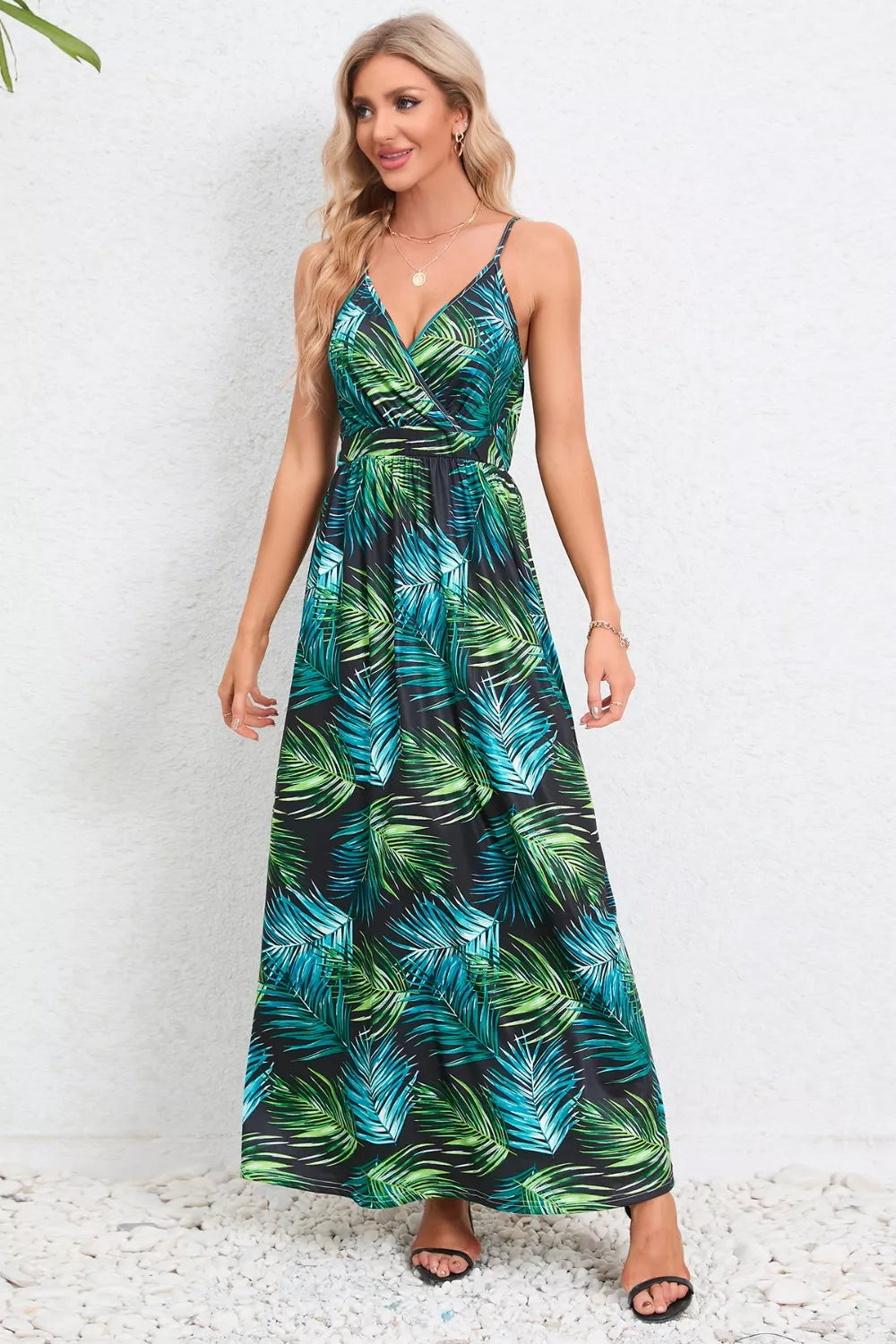 Printed Surplice Maxi Cami Dress - kinko
