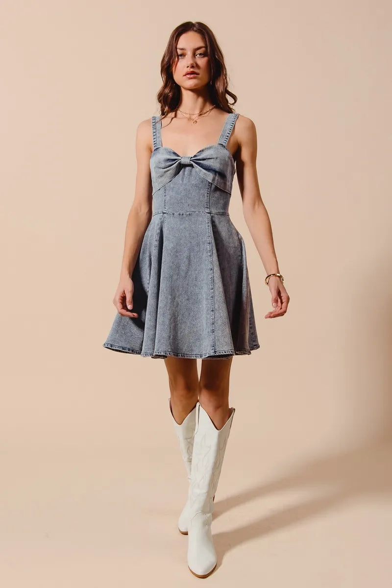 SO ME Mineral Washed Bow Ribbon Denim Flare Dress - kinko
